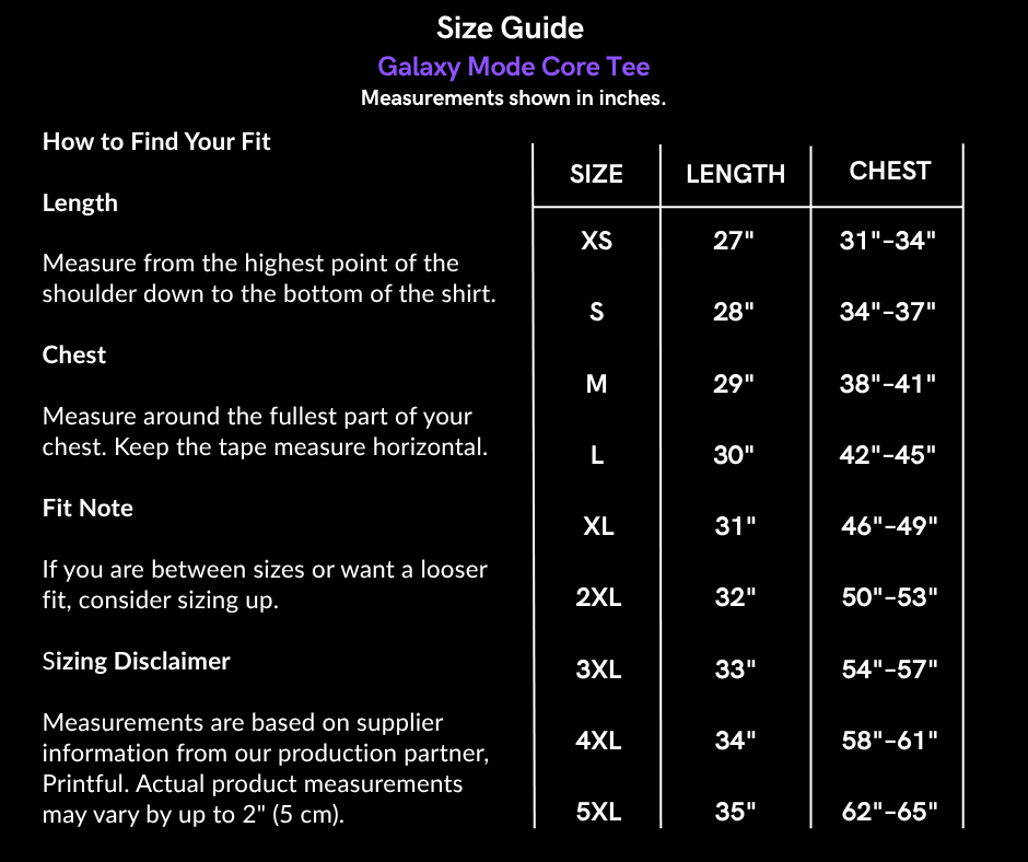 Galaxy Mode CORE Tee size chart with measurements for XS to 5XL in inches.