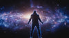 Person standing in a galaxy scene with light rising behind them